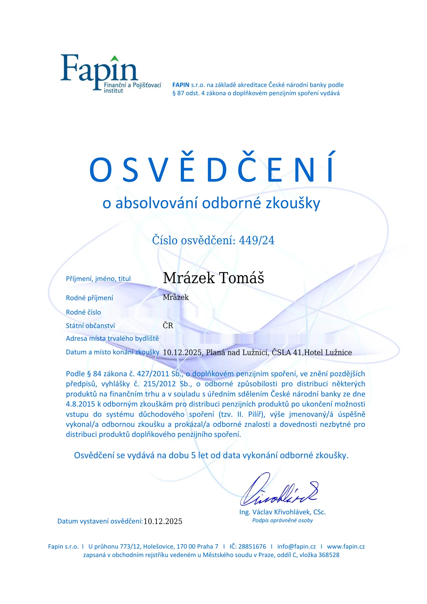 Certifikace – penze