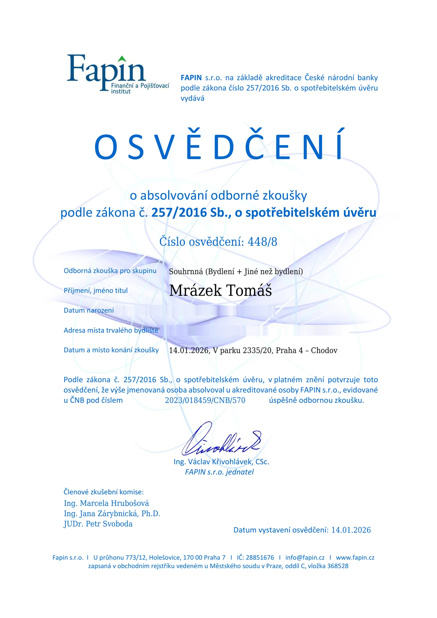 Certifikace – úvěry